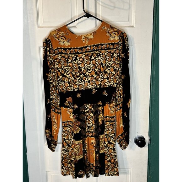 New Free People Floral Boho Dress Long Sleeve Size S Black Orange - Picture 3 of 5